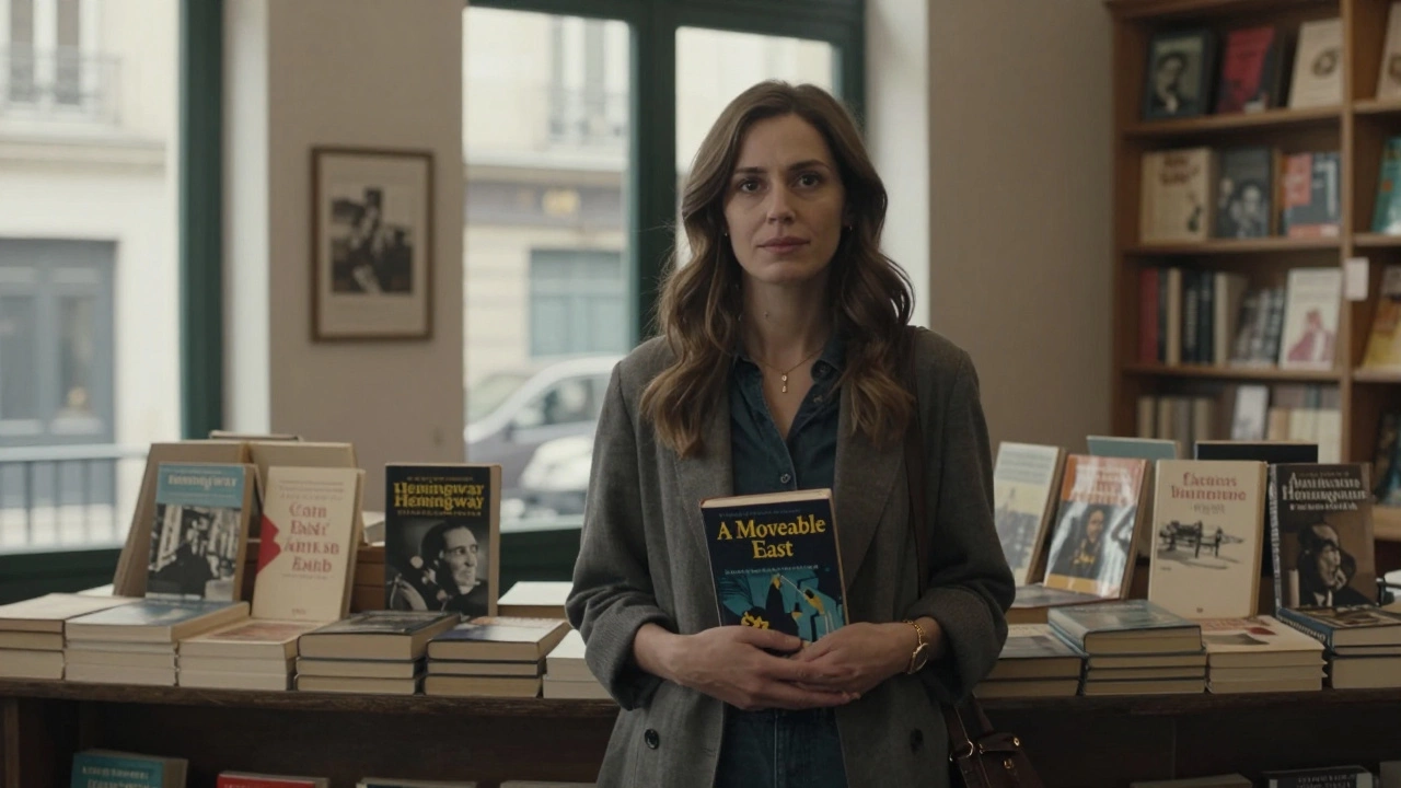 A confident woman stands at a Paris bookstore holding a classic novel, bathed in natural daylight.