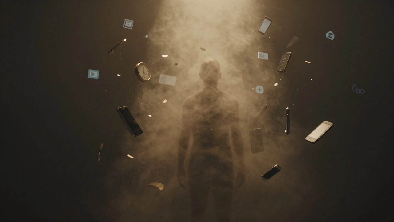 A human form dissolving into golden mist as digital distractions sink away in darkness.