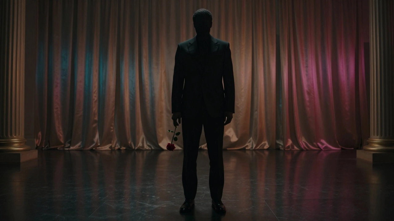 A shadowy figure in black holding a rose above a dark floor, surrounded by profound stillness.